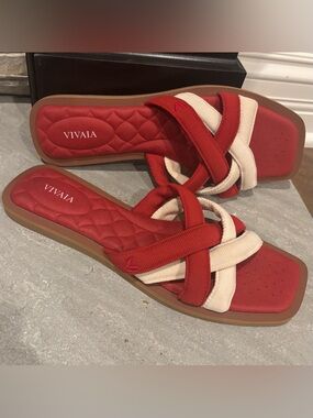 Vivaia Pillow Top Slide Strappy Sandals Quilted Cross Straps Mayara Red Ivory